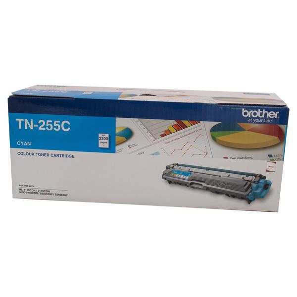 Brother TN-255 Cyan Original Toner Cartridge with vibrant cyan color, designed for high-quality printing.